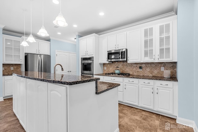 10 E Black Heath Ct, Howell, NJ 07727 - kitchen featuring stainless steel appliances, crown molding, glass insert cabinets, tasteful backsplash, and white cabinets