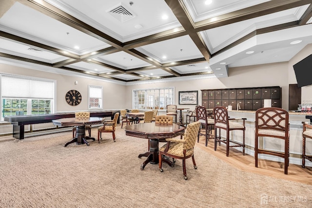 10 E Black Heath Ct, Howell, NJ 07727 - dining area featuring ornamental molding, coffered ceiling, and beam ceiling