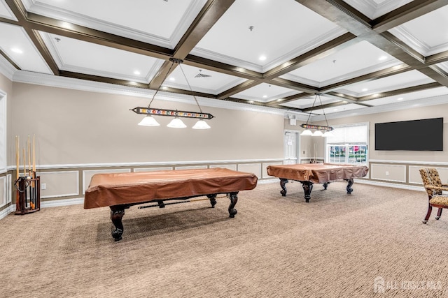 10 E Black Heath Ct, Howell, NJ 07727 - rec room with billiards, carpet, a decorative wall, coffered ceiling, and beam ceiling