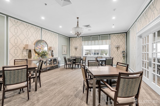 10 E Black Heath Ct, Howell, NJ 07727 - dining area with wallpapered walls, ornamental molding, recessed lighting, and a chandelier