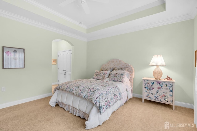 10 E Black Heath Ct, Howell, NJ 07727 - carpeted bedroom featuring crown molding, arched walkways, and ceiling fan