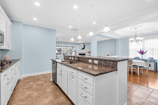 10 E Black Heath Ct, Howell, NJ 07727 - kitchen with a kitchen island with sink, plenty of natural light, crown molding, white cabinetry, and recessed lighting