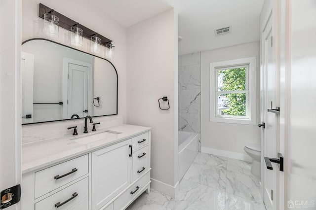 full bathroom with washtub / shower combination, vanity, and toilet