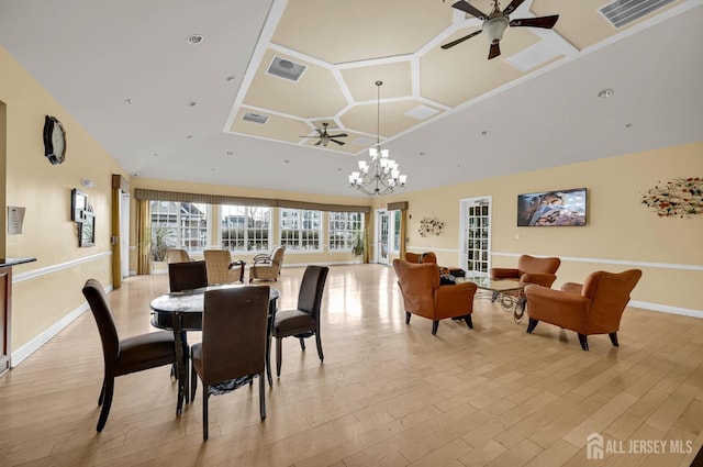 2022 Edward Stec Blvd, Edison, NJ 08837 - dining space featuring ceiling fan, light wood finished floors, coffered ceiling, baseboards, and a towering ceiling