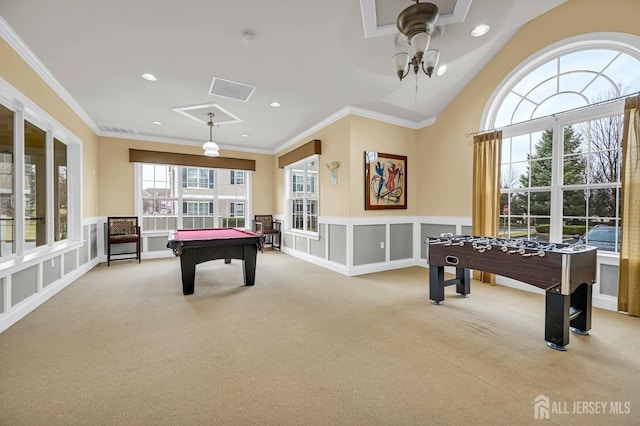 2022 Edward Stec Blvd, Edison, NJ 08837 - rec room with billiards table, light carpet, a ceiling fan, recessed lighting, and crown molding