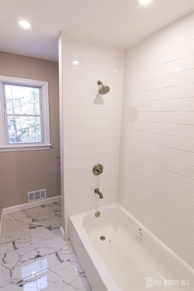 6 Joan St, South Brunswick, NJ 08824 - bathroom with recessed lighting, bathing tub / shower combination, marble finish floor, baseboards, and visible vents