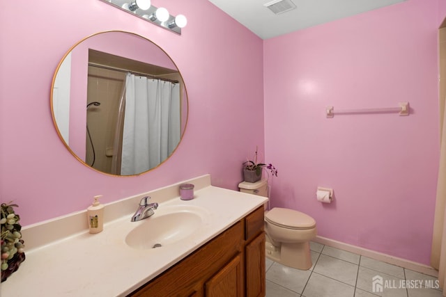 bathroom with tile patterned floors, vanity, baseboards, toilet, and visible vents