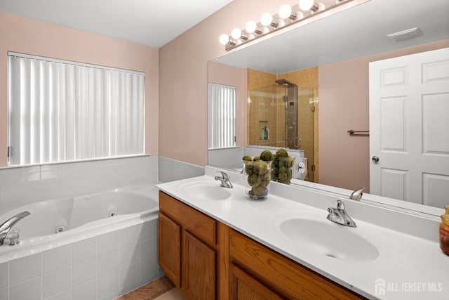 bathroom with a whirlpool tub, a sink, double vanity, and a stall shower