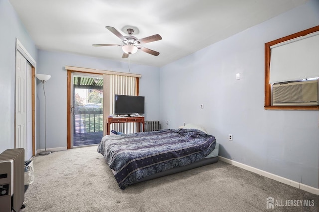 bedroom featuring access to exterior, carpet, baseboards, ceiling fan, and cooling unit