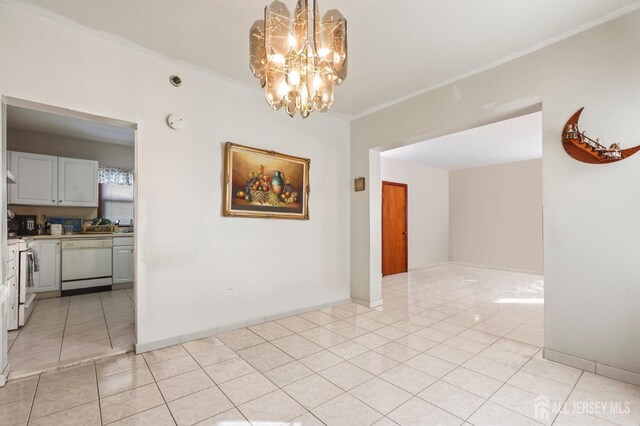 27 Valley Way, West Orange, NJ 07052 - unfurnished dining area with light tile patterned floors, a chandelier, and crown molding