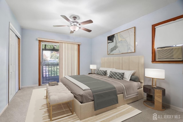 bedroom featuring access to outside, light carpet, ceiling fan, and baseboards