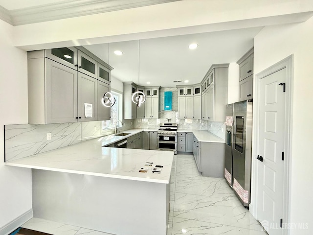 47 Bird Ave, Iselin, NJ 08830 - kitchen with appliances with stainless steel finishes, gray cabinets, light marble finish floors, a sink, and a peninsula