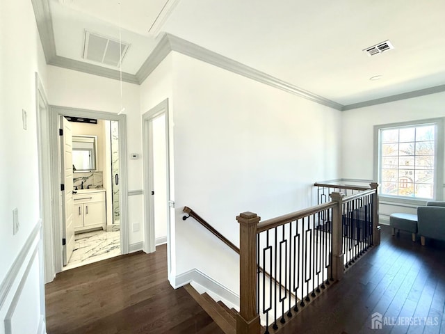 47 Bird Ave, Iselin, NJ 08830 - corridor with attic access, an upstairs landing, dark wood finished floors, and crown molding