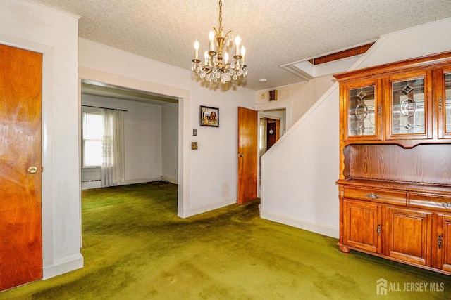 1107 River Rd, Piscataway, NJ 08854 - unfurnished dining area with carpet floors, a textured ceiling, a chandelier, baseboards, and ornamental molding
