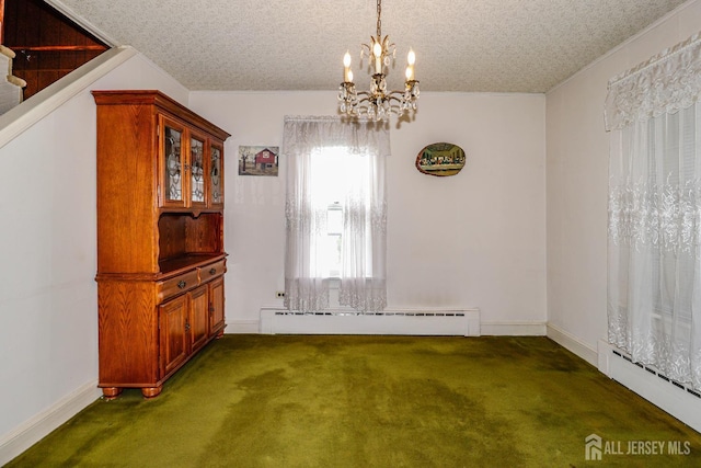 1107 River Rd, Piscataway, NJ 08854 - unfurnished dining area with a baseboard heating unit, dark colored carpet, a chandelier, a textured ceiling, and baseboards