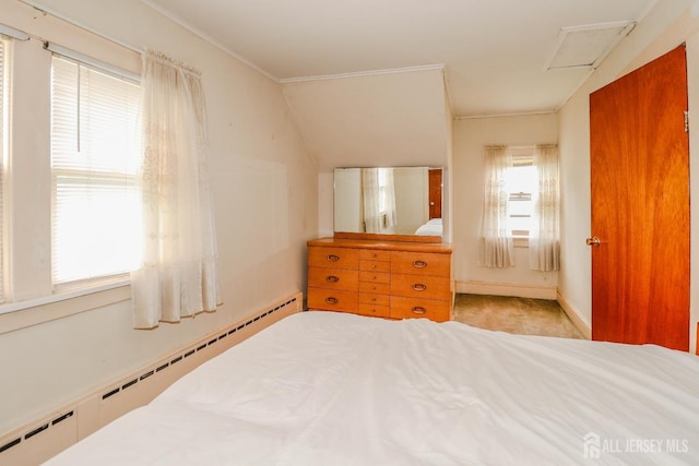 1107 River Rd, Piscataway, NJ 08854 - bedroom featuring a baseboard radiator, attic access, and light colored carpet