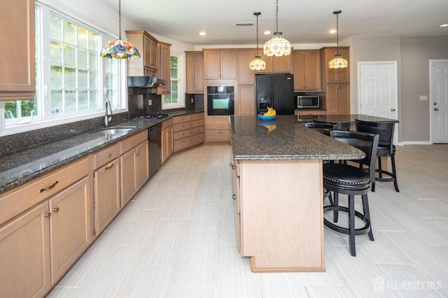 294 Fresh Pond Rd, South Brunswick, NJ 08902 - kitchen with black appliances, plenty of natural light, a kitchen breakfast bar, a large island, and recessed lighting