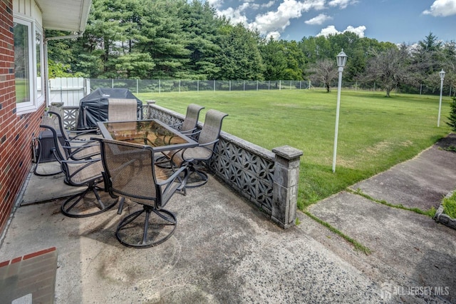 294 Fresh Pond Rd, South Brunswick, NJ 08902 - fenced backyard featuring grilling area, outdoor dining area, a patio area, and view of scattered trees
