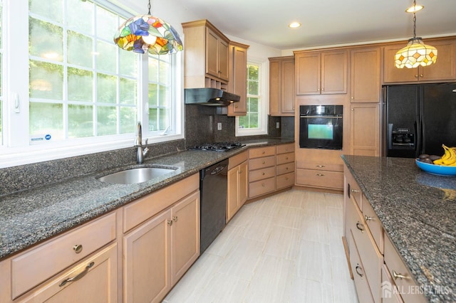 294 Fresh Pond Rd, South Brunswick, NJ 08902 - kitchen with black appliances, under cabinet range hood, pendant lighting, decorative backsplash, and recessed lighting
