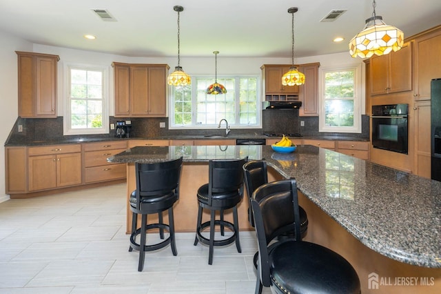 294 Fresh Pond Rd, South Brunswick, NJ 08902 - kitchen featuring black appliances, under cabinet range hood, backsplash, pendant lighting, and recessed lighting