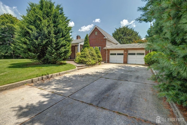 294 Fresh Pond Rd, South Brunswick, NJ 08902 - view of property hidden behind natural elements featuring brick siding, driveway, a front lawn, an attached garage, and a chimney