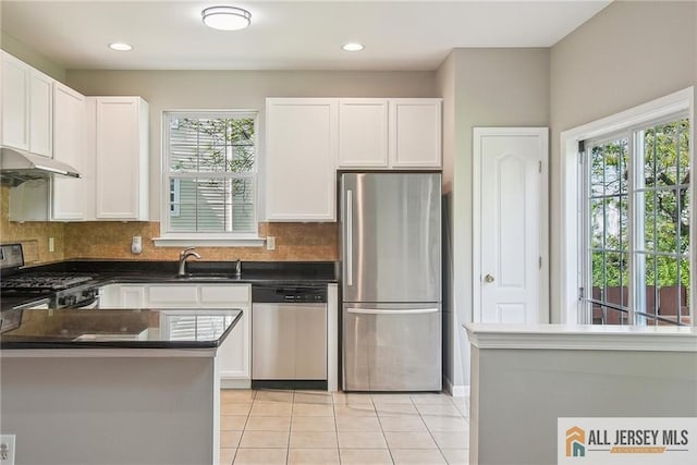 1115 Joseph Ct, South Plainfield, NJ 07080 - kitchen with stainless steel appliances, under cabinet range hood, a sink, white cabinetry, and healthy amount of natural light