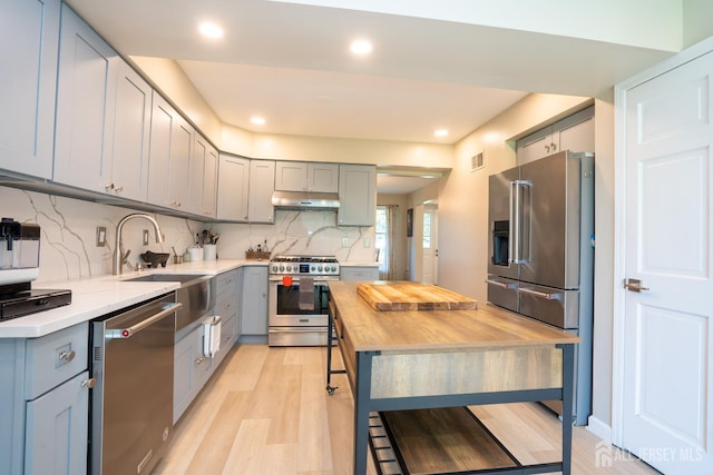 10 Chelsea Ct, South Brunswick, NJ 08810 - kitchen with high quality appliances, wood counters, gray cabinets, light wood finished floors, and tasteful backsplash