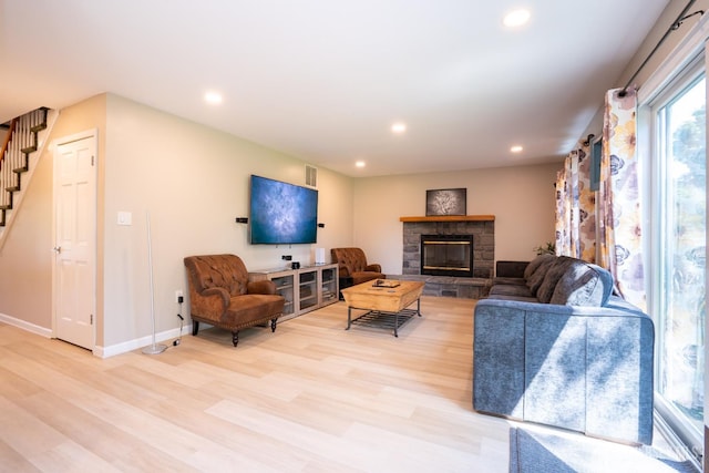 10 Chelsea Ct, South Brunswick, NJ 08810 - living room with a fireplace, light wood-type flooring, stairs, and recessed lighting