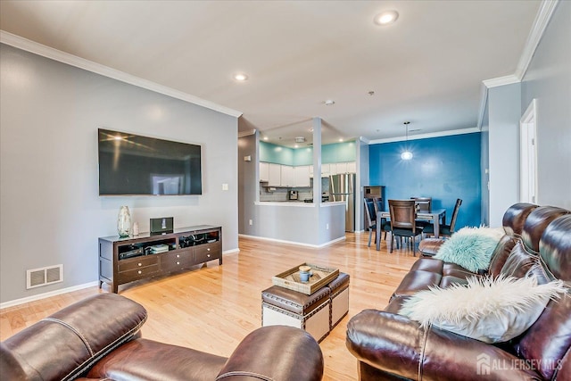 822 Dominick Ct, South Plainfield, NJ 07080 - living room featuring crown molding, light wood-type flooring, recessed lighting, and baseboards