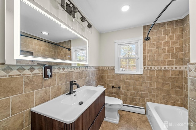 651 Myrtle Rd, North Brunswick, NJ 08902 - bathroom featuring a baseboard heating unit, tile walls, plenty of natural light, toilet, and vanity