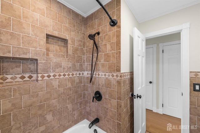 651 Myrtle Rd, North Brunswick, NJ 08902 - full bath with crown molding, shower / bathtub combination, wood finished floors, and tile walls