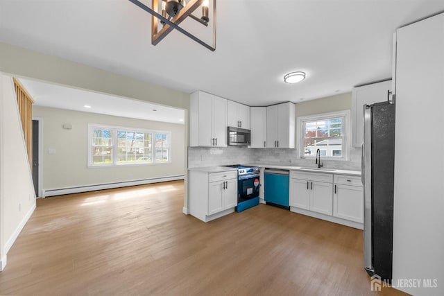 651 Myrtle Rd, North Brunswick, NJ 08902 - kitchen featuring appliances with stainless steel finishes, a sink, baseboard heating, and light wood finished floors