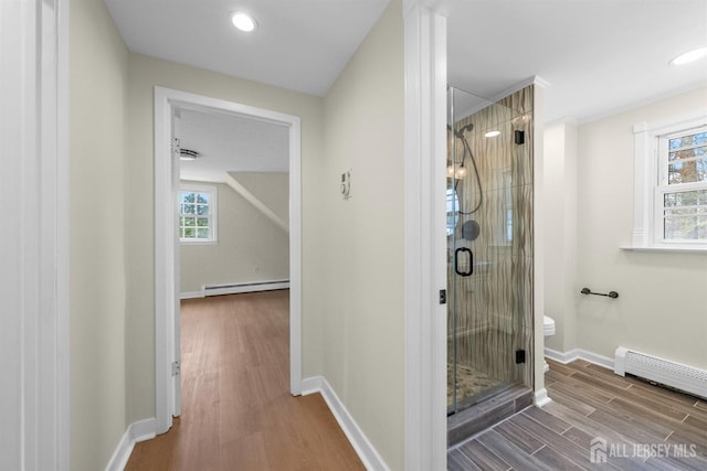 651 Myrtle Rd, North Brunswick, NJ 08902 - full bath with a baseboard heating unit, wood finished floors, a stall shower, and plenty of natural light