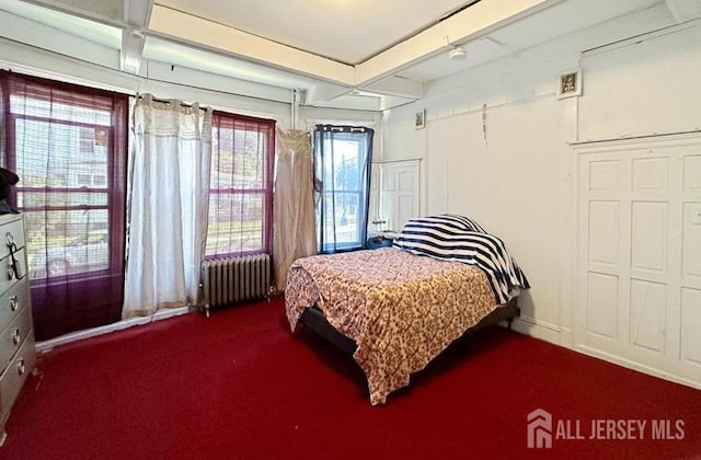 163 Livingston Ave, New Brunswick, NJ 08901 - bedroom featuring radiator heating unit, dark carpet, and beam ceiling