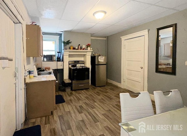 163 Livingston Ave, New Brunswick, NJ 08901 - kitchen featuring stainless steel appliances, wood finished floors, light countertops, a paneled ceiling, and a sink