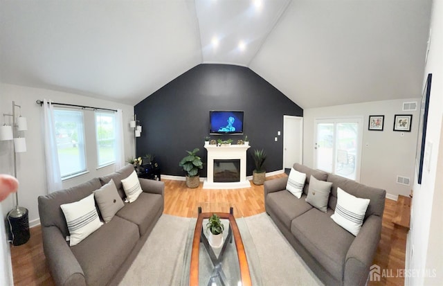 23 Prospect St, Old Bridge, NJ 08857 - living room featuring a glass covered fireplace, wood finished floors, lofted ceiling, and healthy amount of natural light