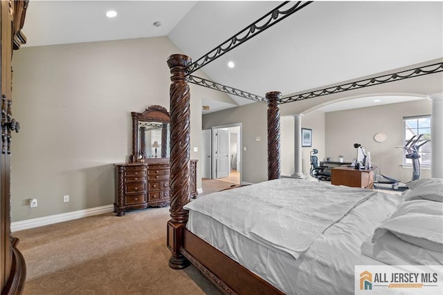 6 Monet Ct, South Brunswick, NJ 08852 - bedroom featuring decorative columns, arched walkways, lofted ceiling, light colored carpet, and recessed lighting