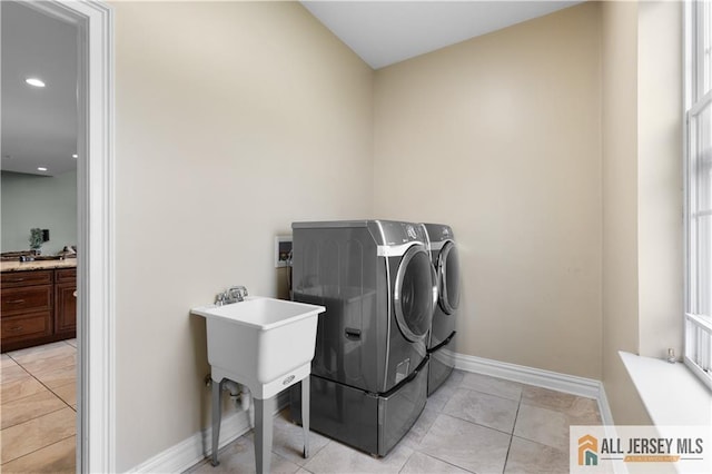6 Monet Ct, South Brunswick, NJ 08852 - laundry room featuring washing machine and clothes dryer, light tile patterned flooring, and recessed lighting