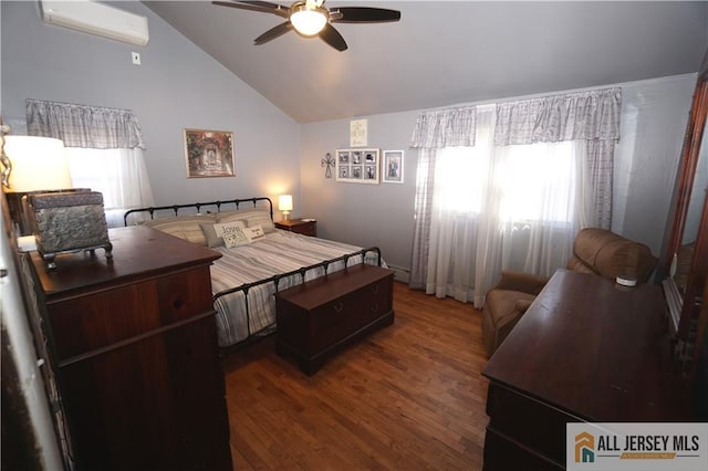 bedroom featuring ceiling fan, high vaulted ceiling, an AC wall unit, and wood finished floors