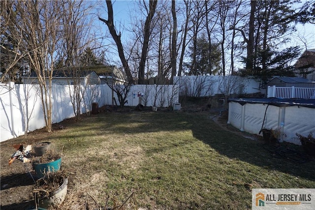 view of yard with a fenced backyard and a fenced in pool