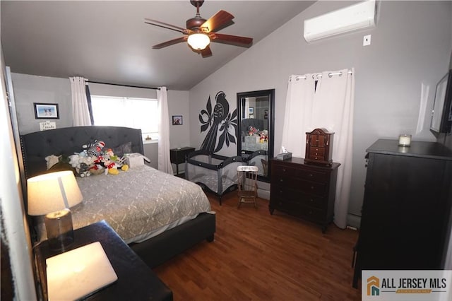 bedroom featuring a ceiling fan, lofted ceiling, wood finished floors, a wall mounted air conditioner, and a baseboard heating unit