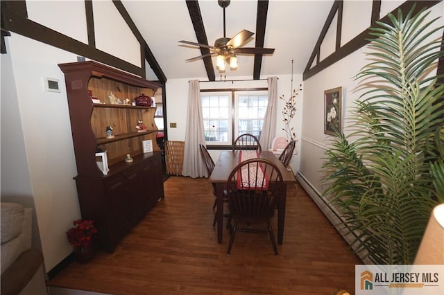 dining space with lofted ceiling, ceiling fan, and dark wood-type flooring