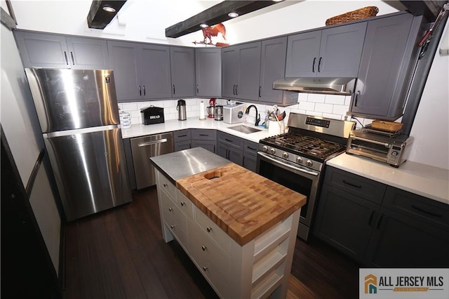 kitchen with dark wood-style floors, stainless steel appliances, under cabinet range hood, wooden counters, and a sink