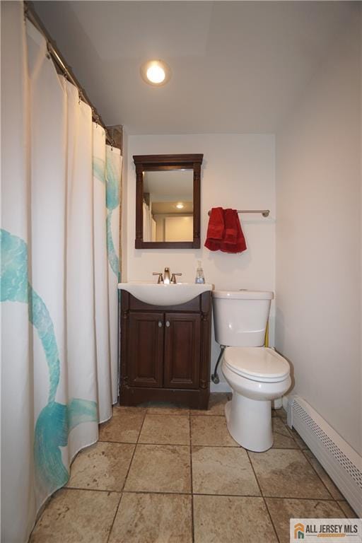 bathroom with a baseboard radiator, tile patterned flooring, toilet, recessed lighting, and vanity