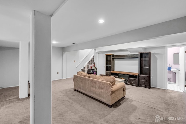 2 Crommelin Ct, East Brunswick, NJ 08816 - living room with carpet, stairs, and recessed lighting