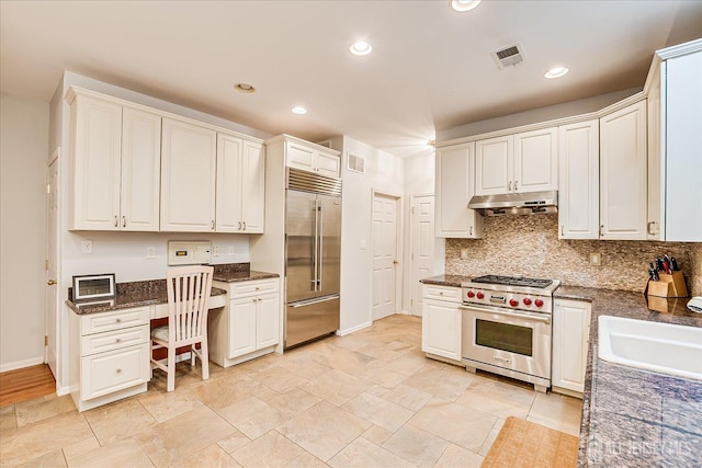 35 Fabiszewski Way, Parlin, NJ 08859 - kitchen featuring high quality appliances, under cabinet range hood, baseboards, decorative backsplash, and white cabinets