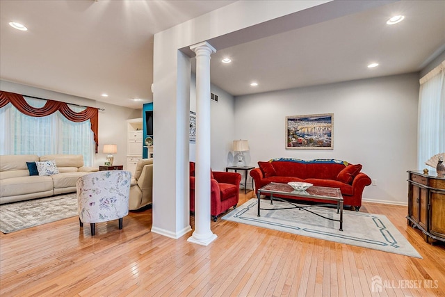 35 Fabiszewski Way, Parlin, NJ 08859 - living area featuring ornate columns, hardwood / wood-style flooring, baseboards, and recessed lighting