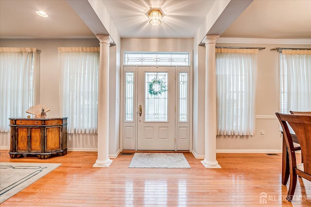 35 Fabiszewski Way, Parlin, NJ 08859 - entrance foyer with decorative columns, baseboards, hardwood / wood-style floors, recessed lighting, and ornamental molding