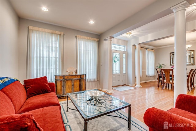 35 Fabiszewski Way, Parlin, NJ 08859 - living area featuring decorative columns, wood finished floors, baseboards, and recessed lighting