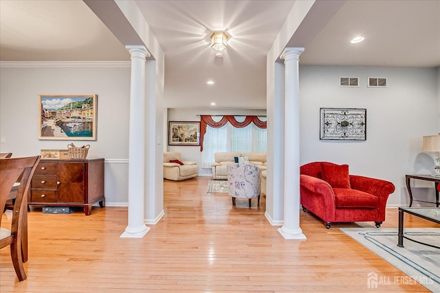 35 Fabiszewski Way, Parlin, NJ 08859 - entryway featuring decorative columns, baseboards, light wood-type flooring, crown molding, and recessed lighting